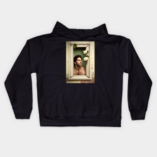 Solitude and Melancholy: Portrait of an Enigmatic Man Framed by White Roses Kids Hoodie